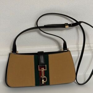 Gucci Tan Canvas Shoulder Bag with Green & Red Stripe Authentic